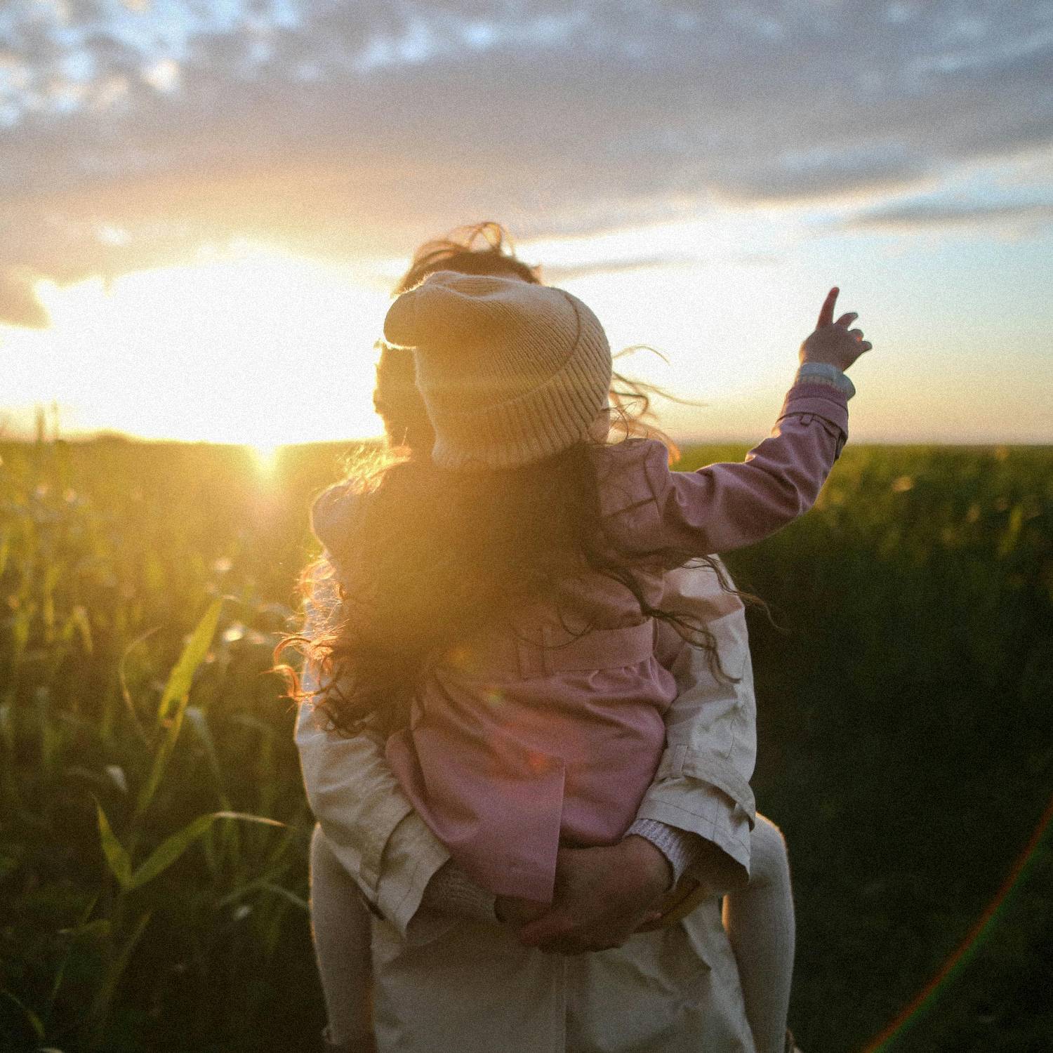 Famille dans un champ au coucher de soleil