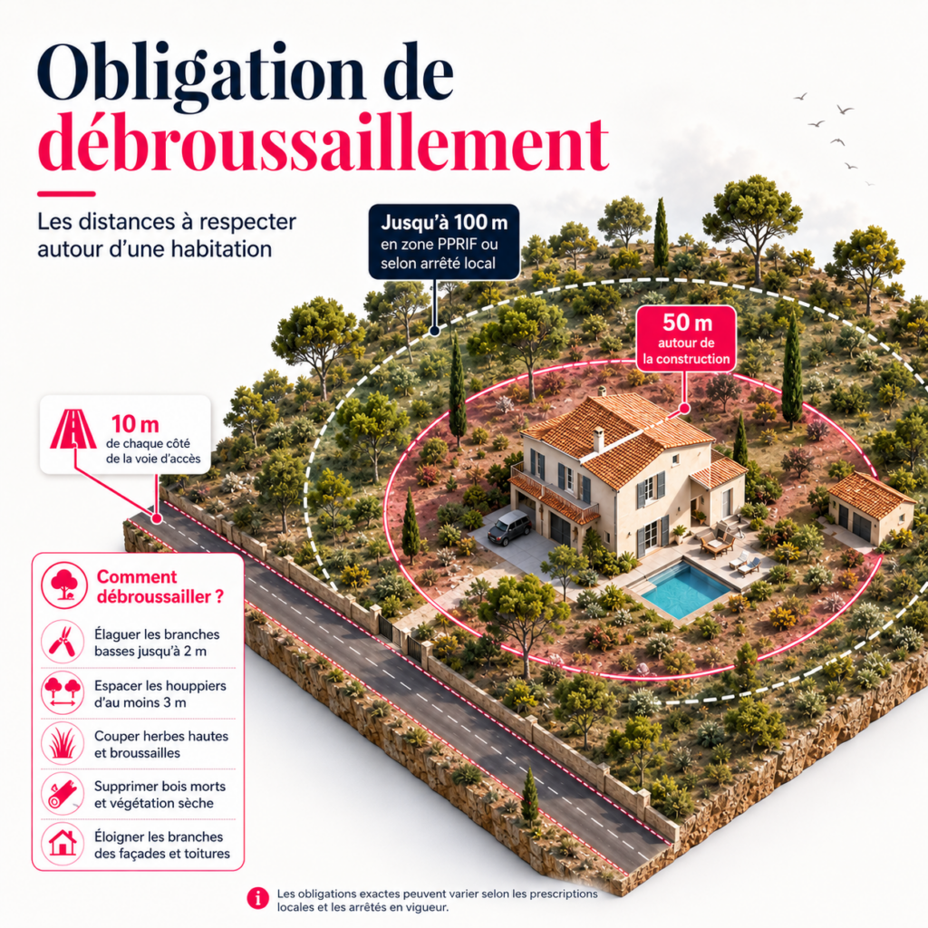 Infographie des distances de débroussaillement obligatoire autour d'une habitation en Gironde